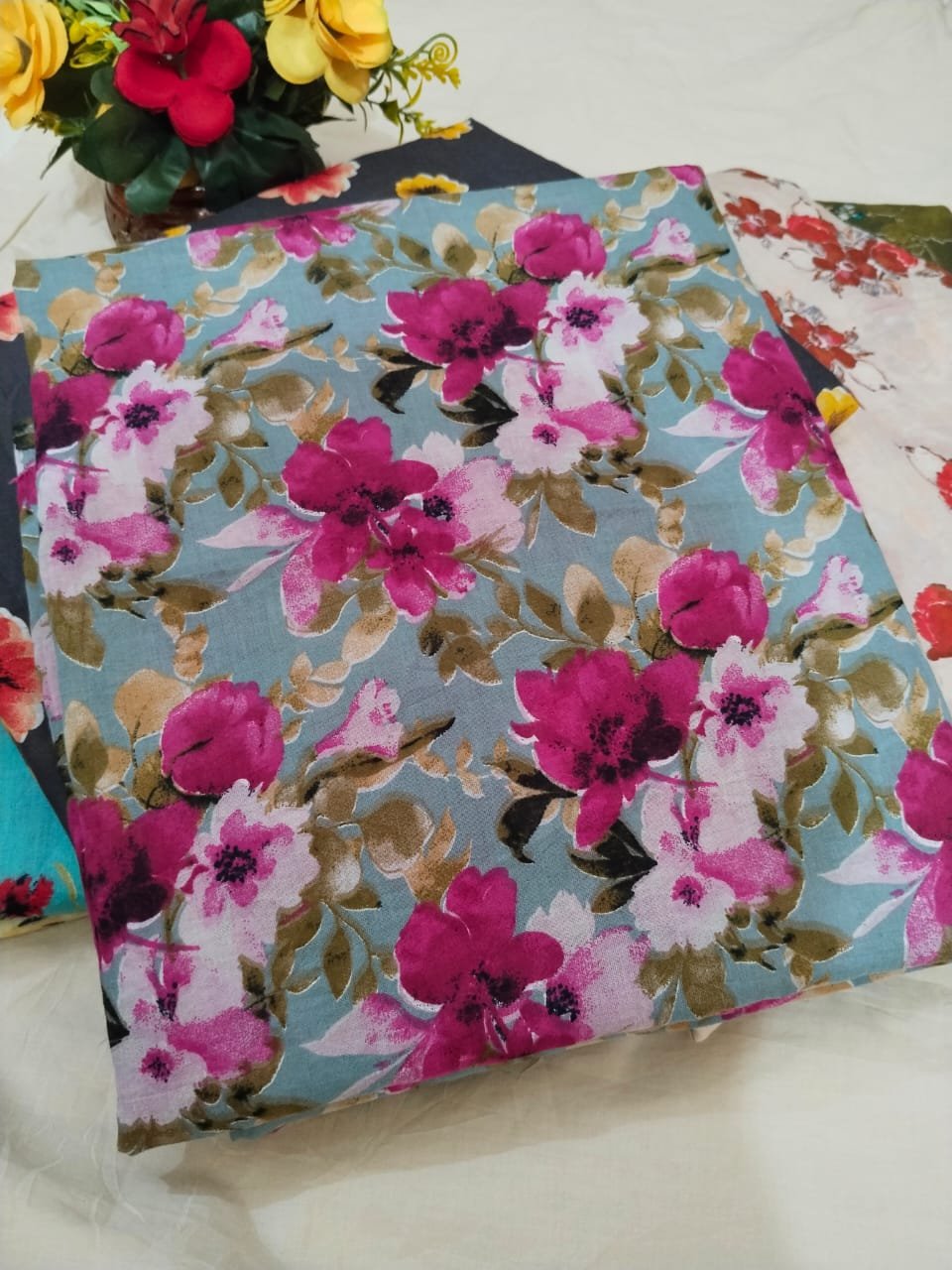 Summer Breeze – Unstitched Lawn 3 Piece (Teal Blue with Floral Print)