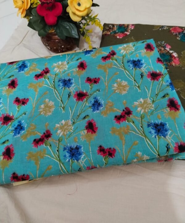 Fresh Blossom – Unstitched Lawn 3 Piece (Green with Pink Florals)